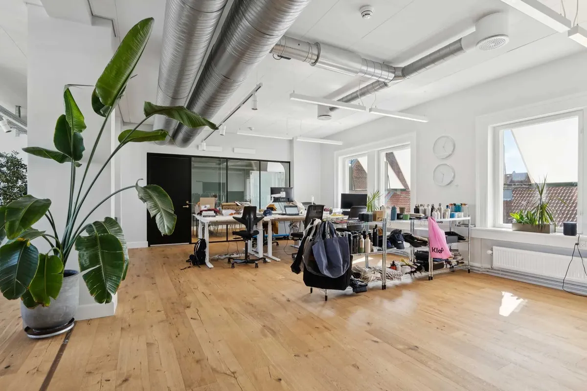 Moderne kontor med lyse lofter, hvide vægge og trægulve samt store vinduer med udsigt til gaden og en have med planter