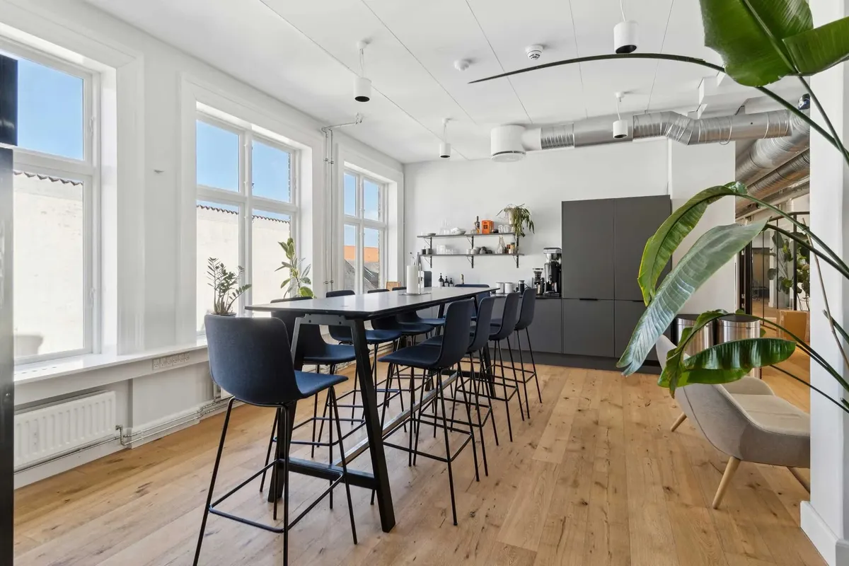 Moderne, klassisk kontor med højloft og lyse vinduer, masser af naturligt lys og store vinduer