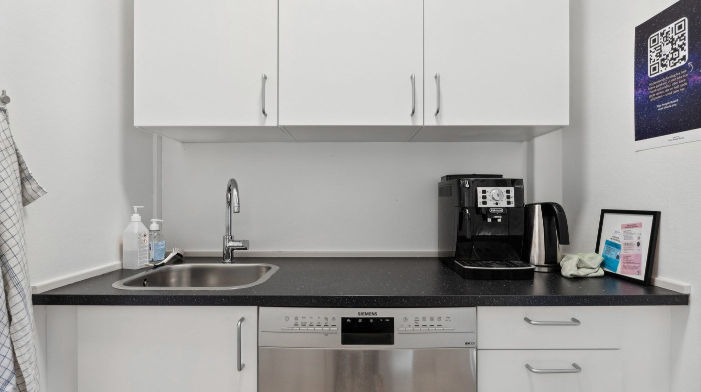 En moderne køkken med en hvid skralvask og sort bordplade, en kaffemaskine, en sølv farvet opvaskemaskine og et tæppe