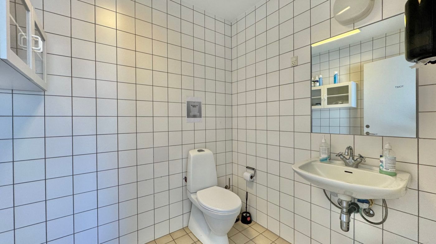 En moderne hvidt flisede badeværelse med en toilet, håndvask og spejl. Der er også et rengøringsmiddel og en