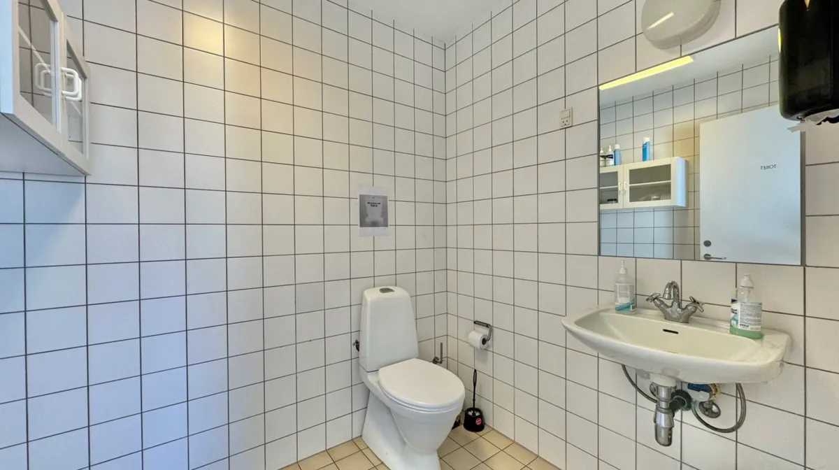 En moderne hvidt flisede badeværelse med en toilet, håndvask og spejl. Der er også et rengøringsmiddel og en