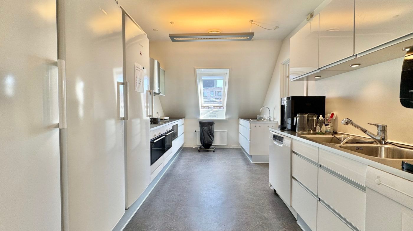 Moderne køkken med hvide møbler, lyse loftsvinduer og en skraldsortering i loftet.