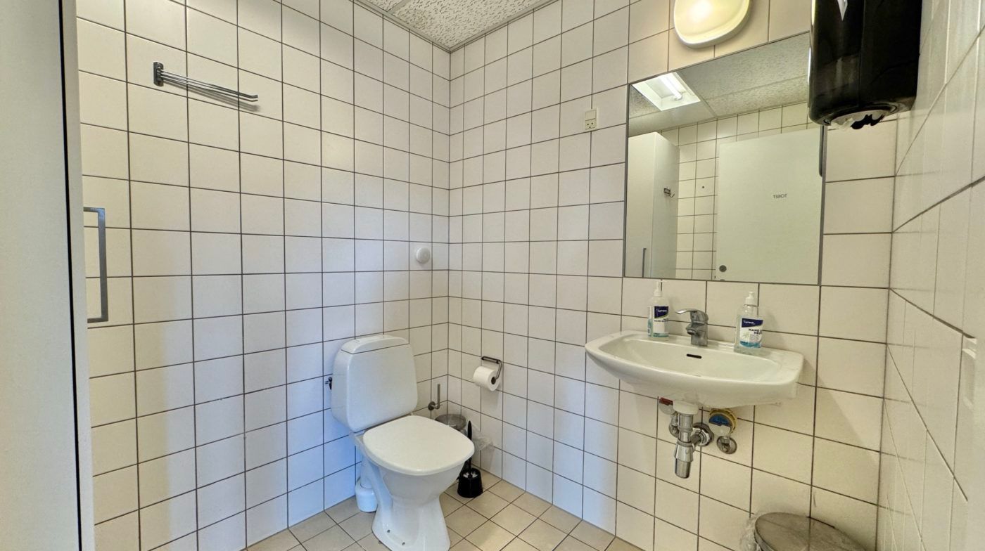 Hvidt badeværelse med hvidt toilet, hvidt vask og håndsæbe samt toiletpapir. Der er en stor spejl og en papirhåndklædeautomat