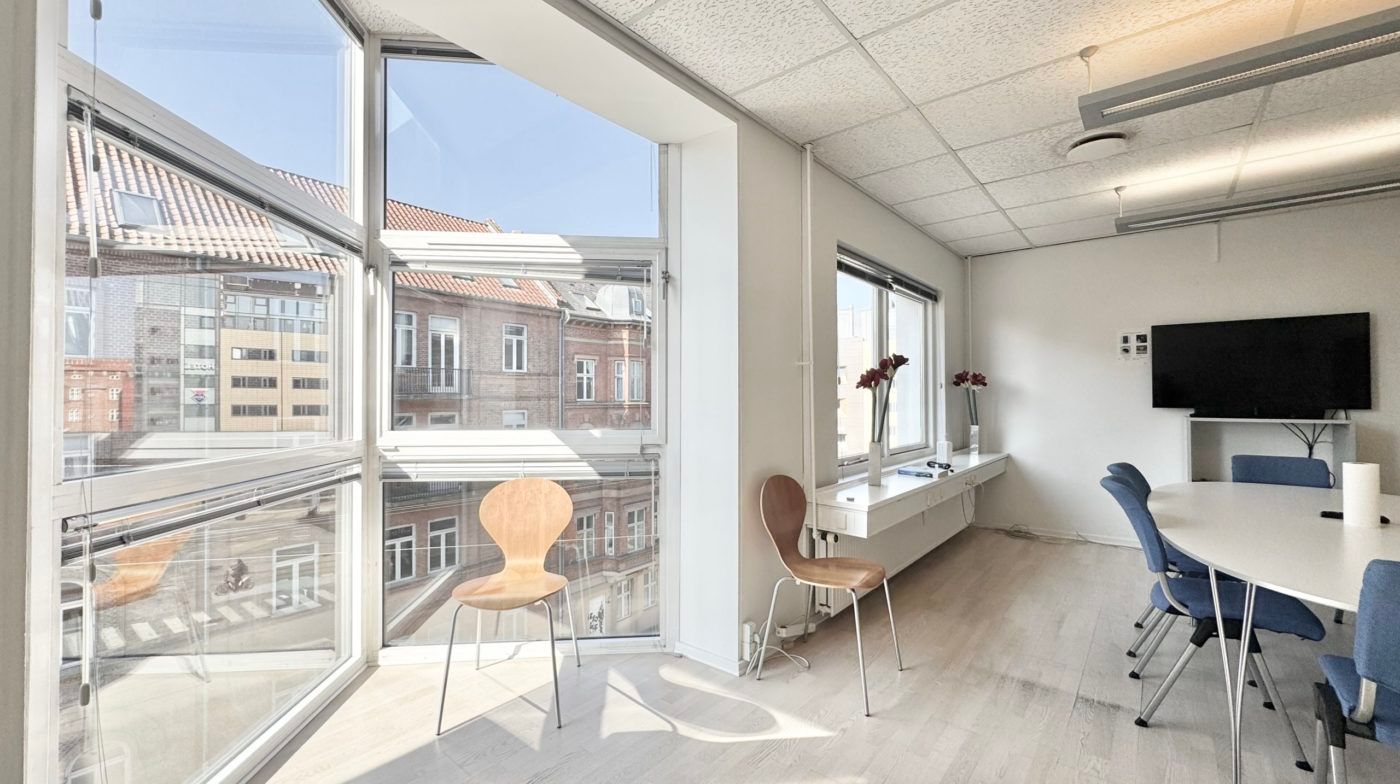 Lejlighed med lyst og udsigt til gaden og bygningen, møbler inkluderer bord og stole, plante og blomster, tv og vindue med