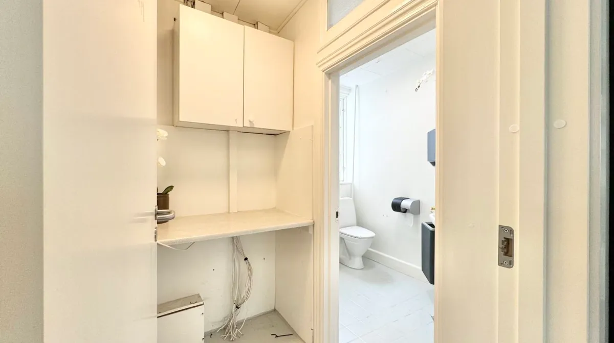 Et lille, lyse badeværelse med toilet, håndklædetørrer og en lille toiletpapirholder i hvidt interiør