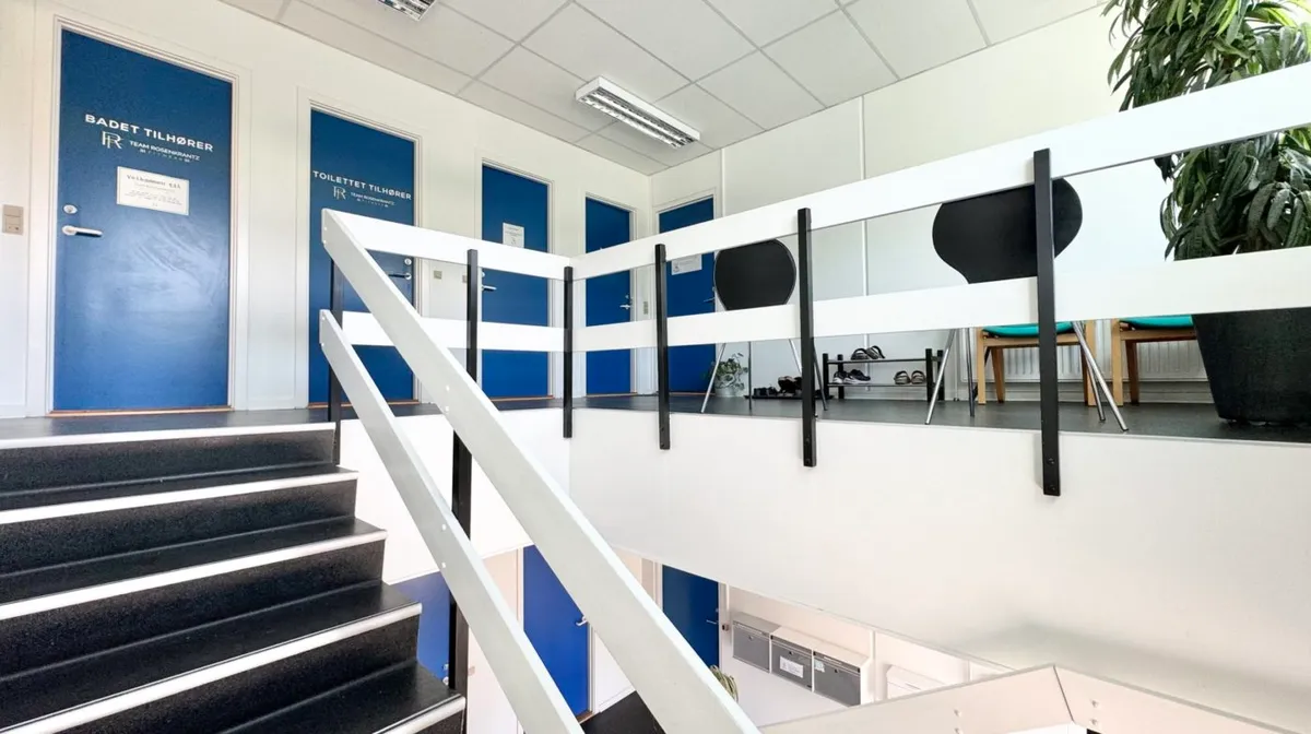 Kontorlokaler med dobbelt højde, lyse og funktionelle, gulv til loft, vinduer og plante i hjørnet, trapper og vinduer