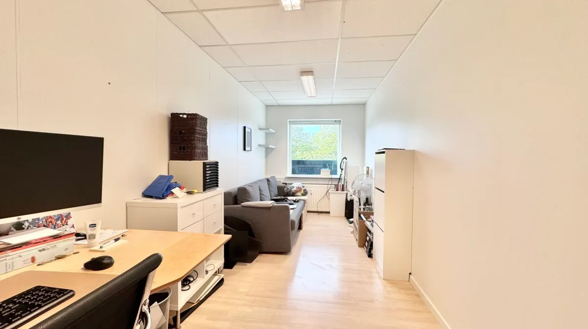 Lys kontor med bord, stol, skrivebord, skærm, sofa og hylder samt vindue med udsigt til grønne træer