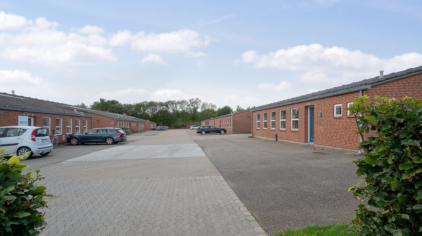 Lager med kontor i Fredericia ved E20 i fredelig, grøn skov med fire parkerede biler og en cykel