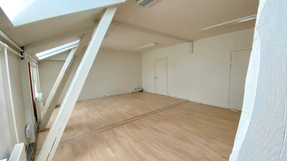 En tom og ren rummelighed med højloft, hvidt loft og vægge samt trægulv og to hvide døre