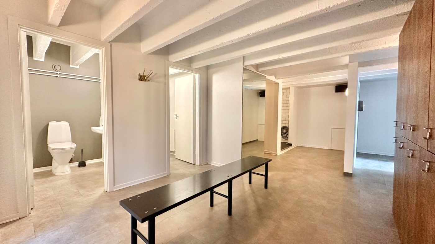 Lokaler med toilet, toiletpapir, spidse stolpe, hængeklædeskab, strygejern, strygebræt og hængetoilet