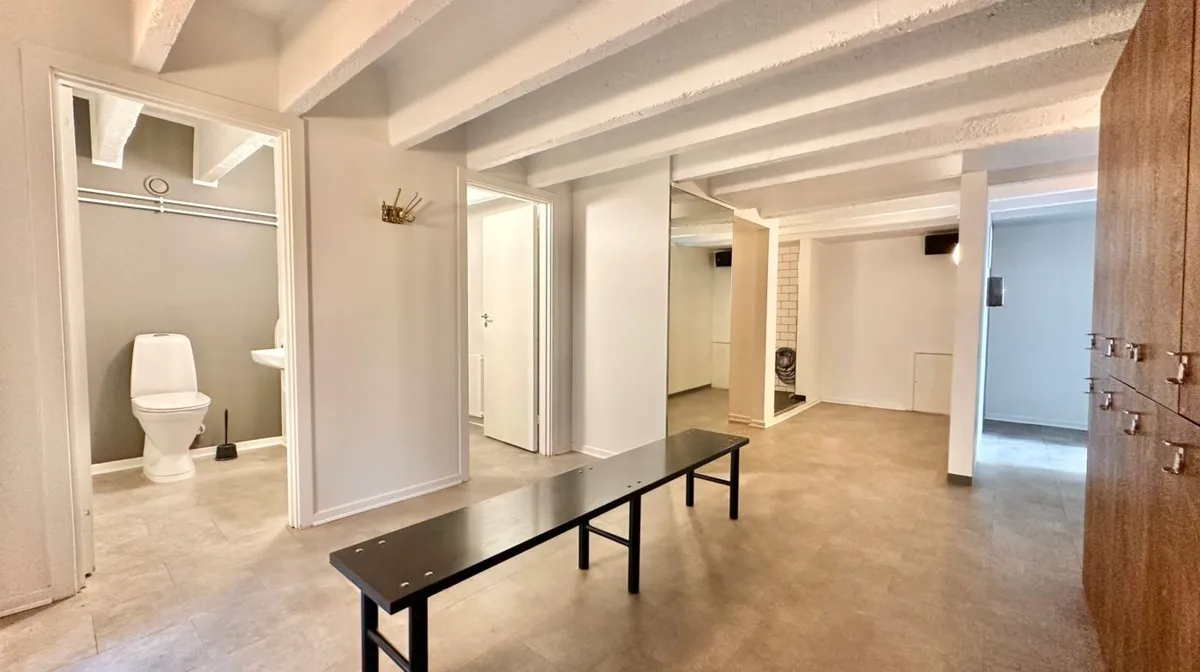 Lokaler med toilet, toiletpapir, spidse stolpe, hængeklædeskab, strygejern, strygebræt og hængetoilet