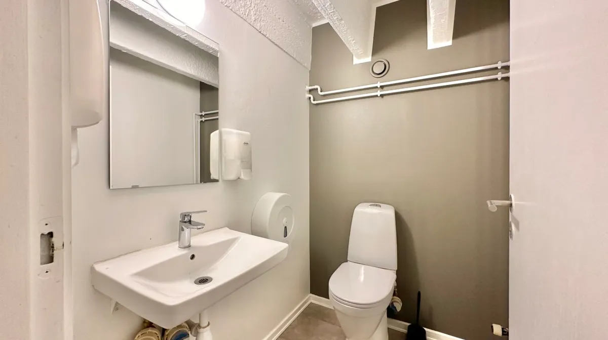 En lille ren toiletrum med en toilet, et håndvask, og en håndklædeautomat.