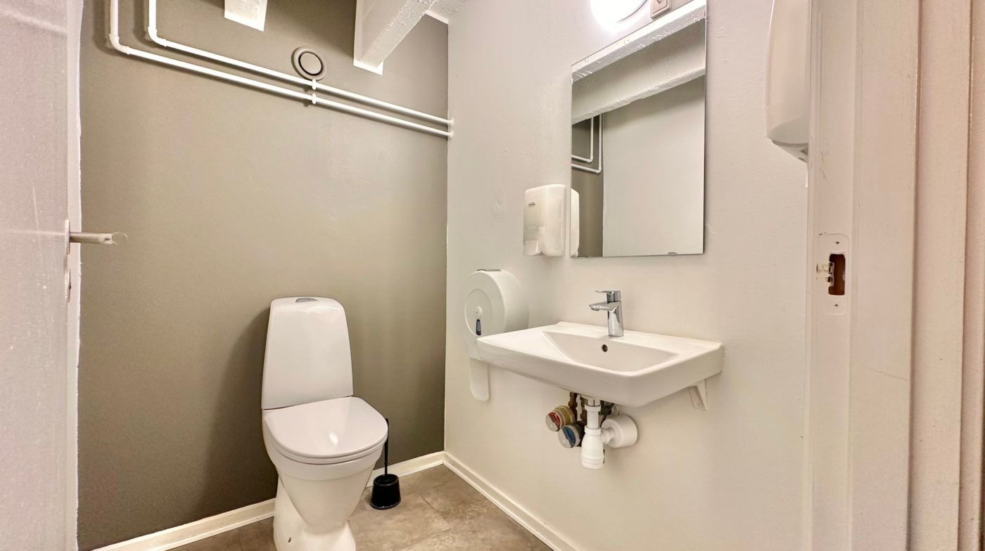 Toiletrum med toilet, håndvask og spejl. Der er et håndklædeautomat ved siden af spejlet og en toiletbørste ved siden af