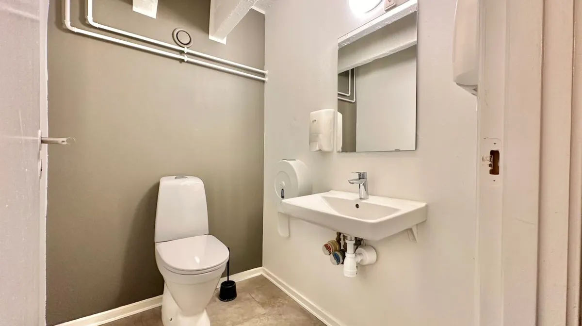 Toiletrum med toilet, håndvask og spejl. Der er et håndklædeautomat ved siden af spejlet og en toiletbørste ved siden af