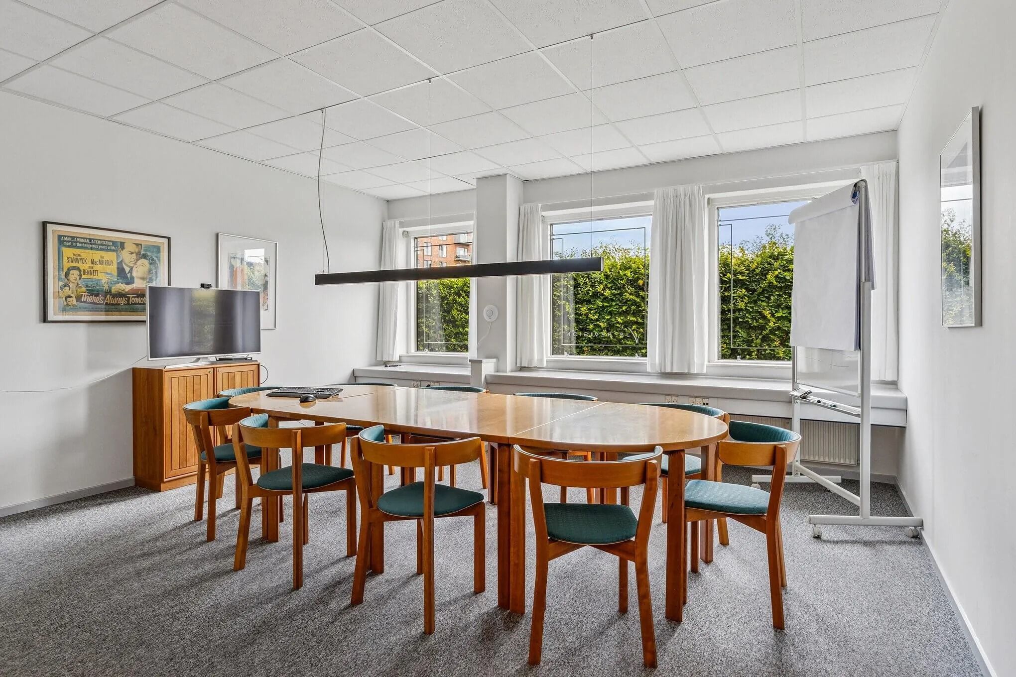 Kontorlokaler med langt borde og stole samt tv og skrivebord i et roligt miljø med højt beløb og udsigt til haven udenfor