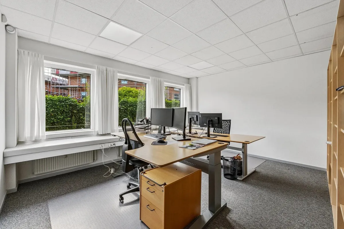 Kontor med skriveborde, stole, computere og vinduer med gardiner, der giver masser af naturlys og udsigt til grønne planter