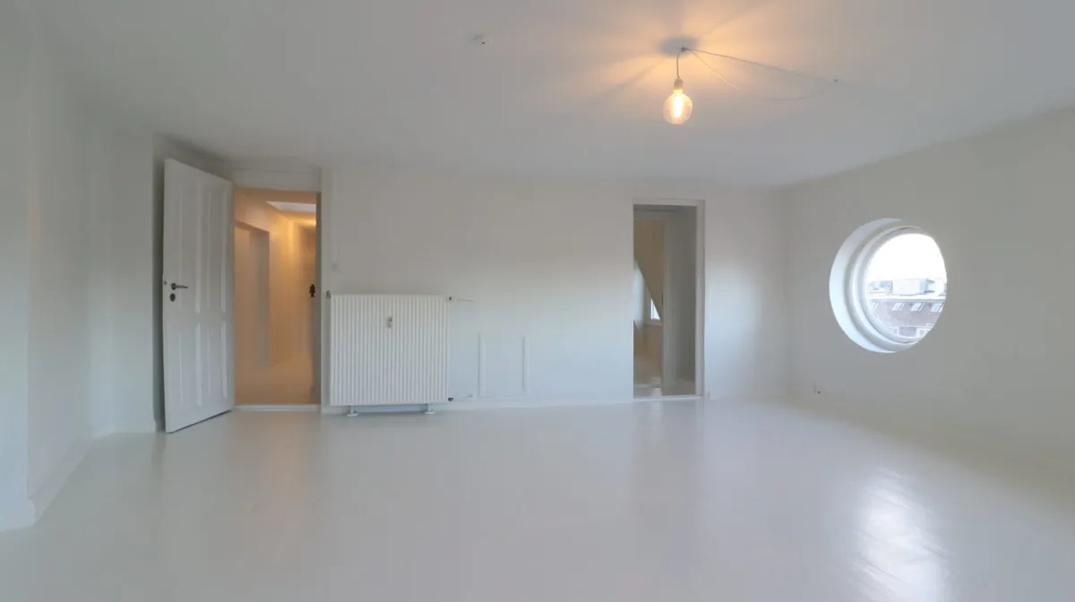 Minimalistisk, hvid stue med hvidt loft, hvide vægge og hvidt gulv samt et stort rundt vindue