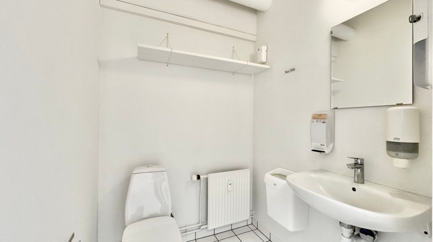 En hvid toiletrum med toilet, håndvask, håndsæbe og spejl samt et radiator.