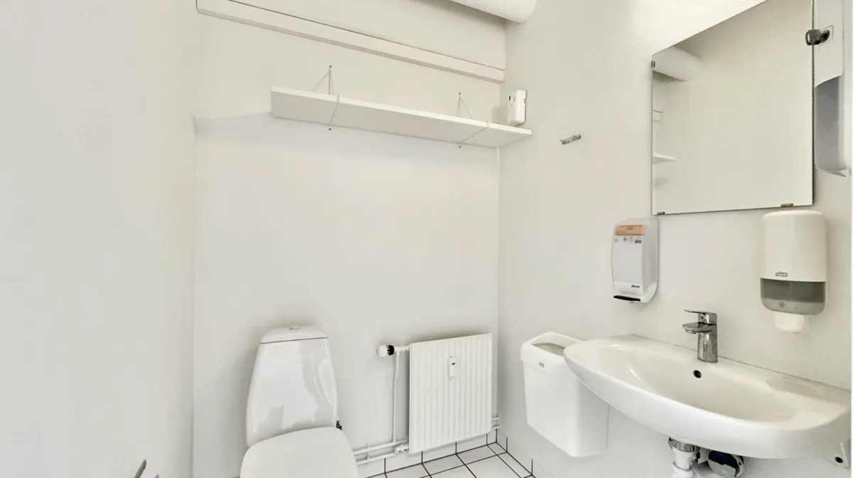 En hvid toiletrum med toilet, håndvask, håndsæbe og spejl samt et radiator.