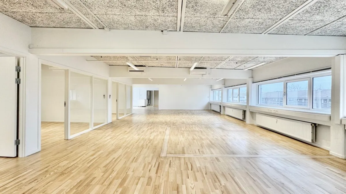 Attraktive kontorlokaler med hvide vægge og lyse trægulve, højt til loftet og store vinduer med udsigt til skoven udenfor