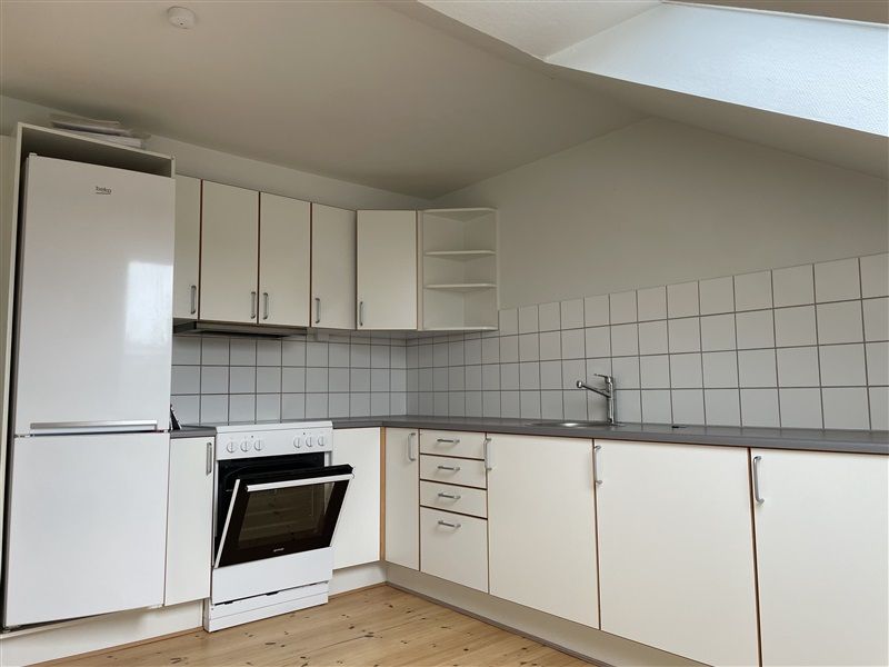 Hvidt køkken med moderne indretning, højt loft, fuldt udstyret med ovn, køleskab, vask og indbyggede skabe med