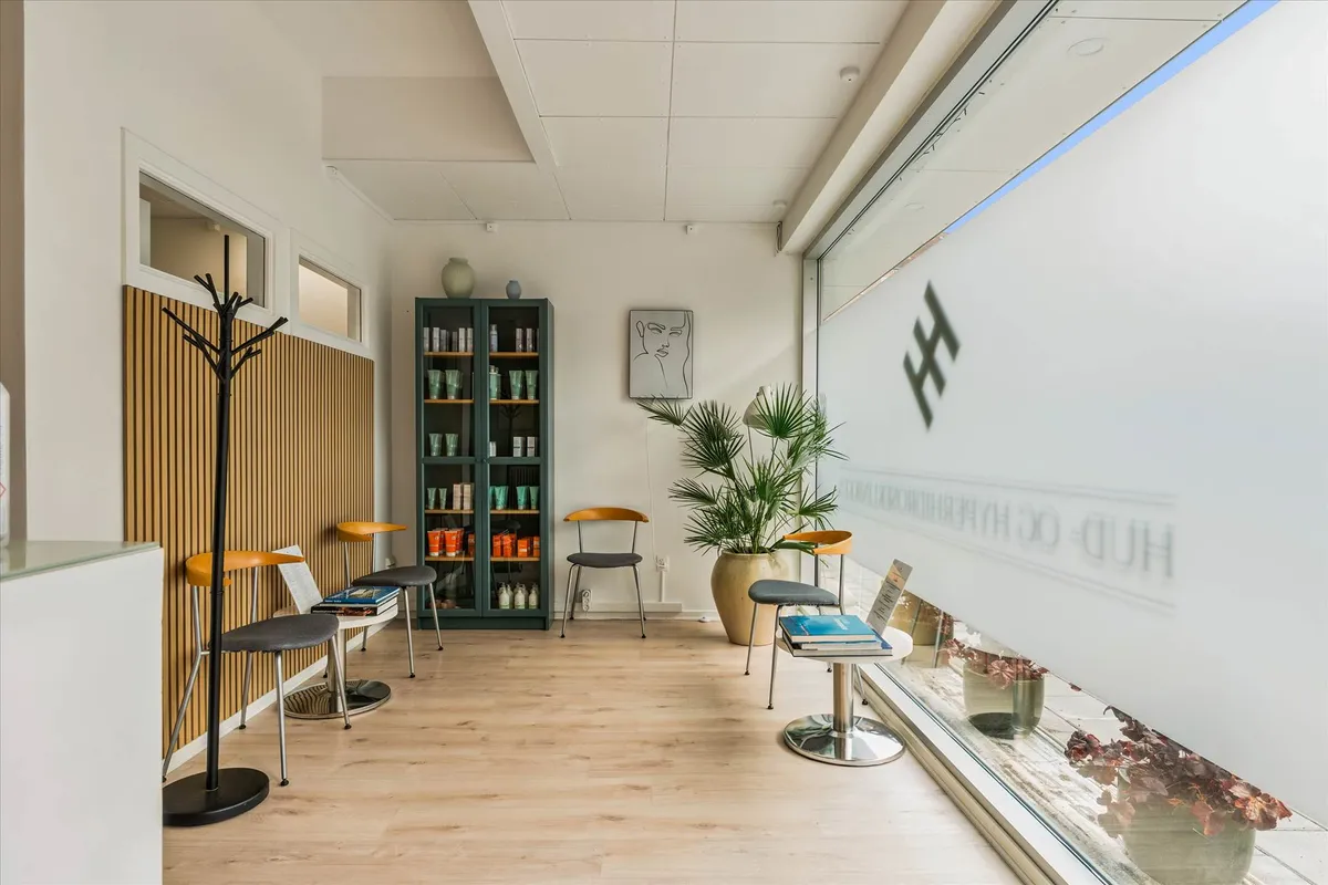 Modernt indretning med stole og bord, indretning med lyse farver og naturlige materialer, højt loft, lyse gulve, plante og