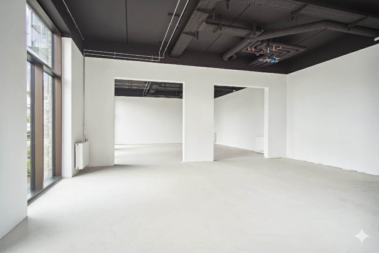 En stor og åben rumlig, hvid malet forretningslokal, med tæppegulve, lysanlæg og hvide vægge