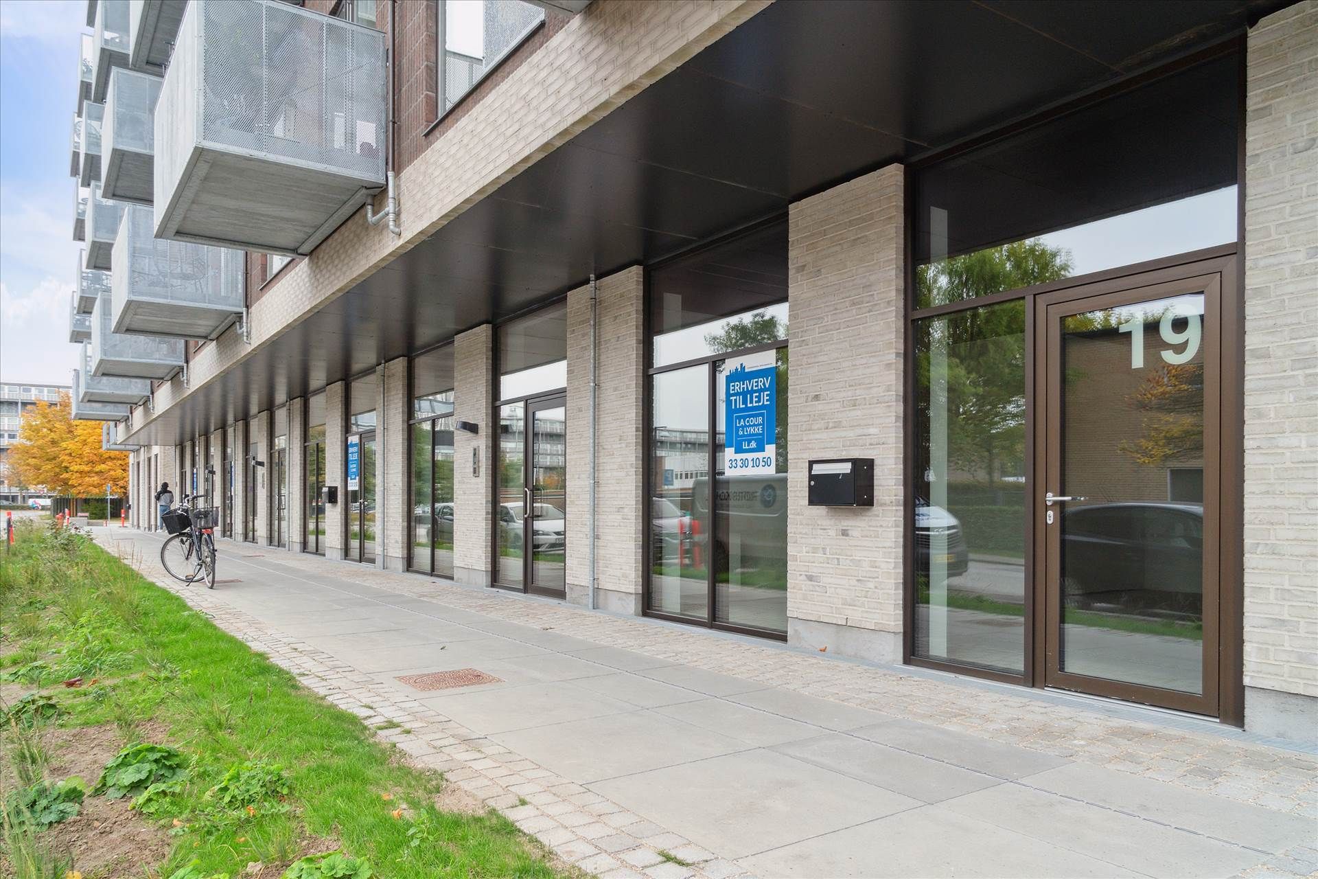Bygning med glasruder og indgangsdør med nummer 19, parkeringsplads og grønne områder med buske og højt græs, biler og