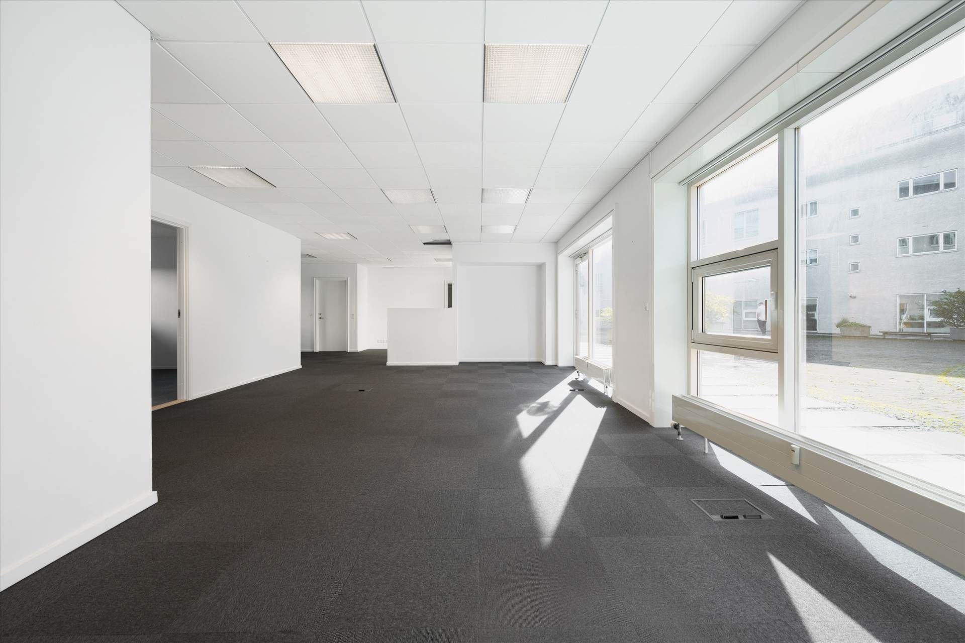 Et stort kontor med hvide vægge og højloft, glasvinduer og gulvbelægning af mørkt tæppe