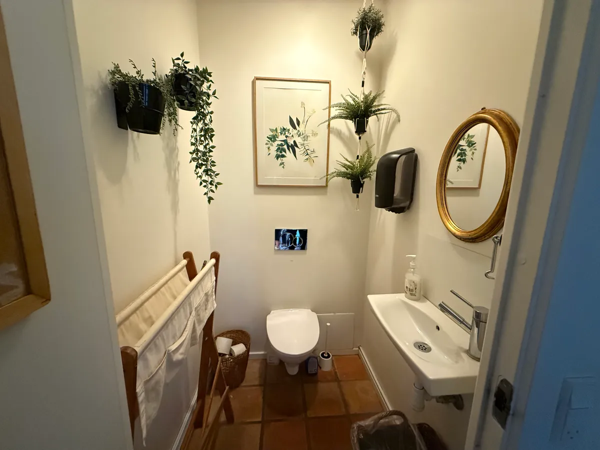 Toilet med hængende plantepotter og en lille hængekasse til toiletpapir i det lille badeværelse