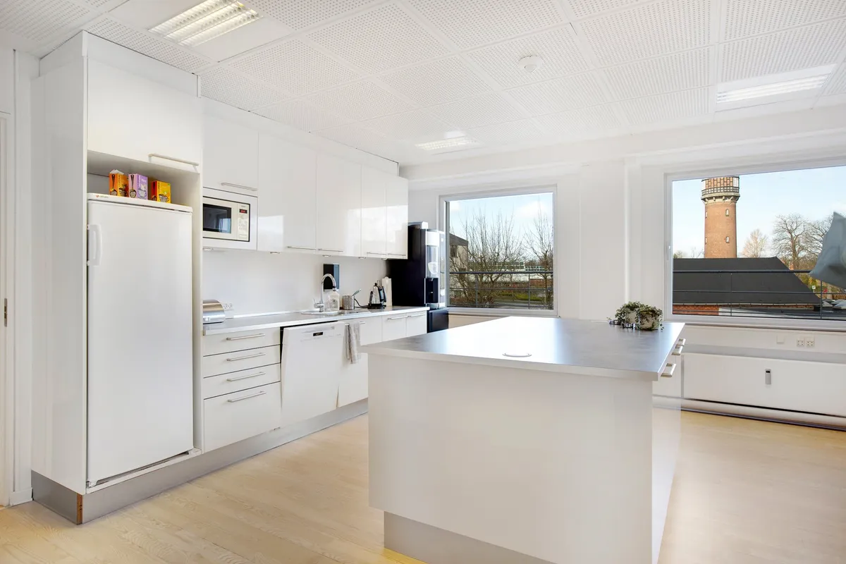 Lejlighed med køkken med hvide møbler og gulv og en stor ø med et spisestuebord med plante