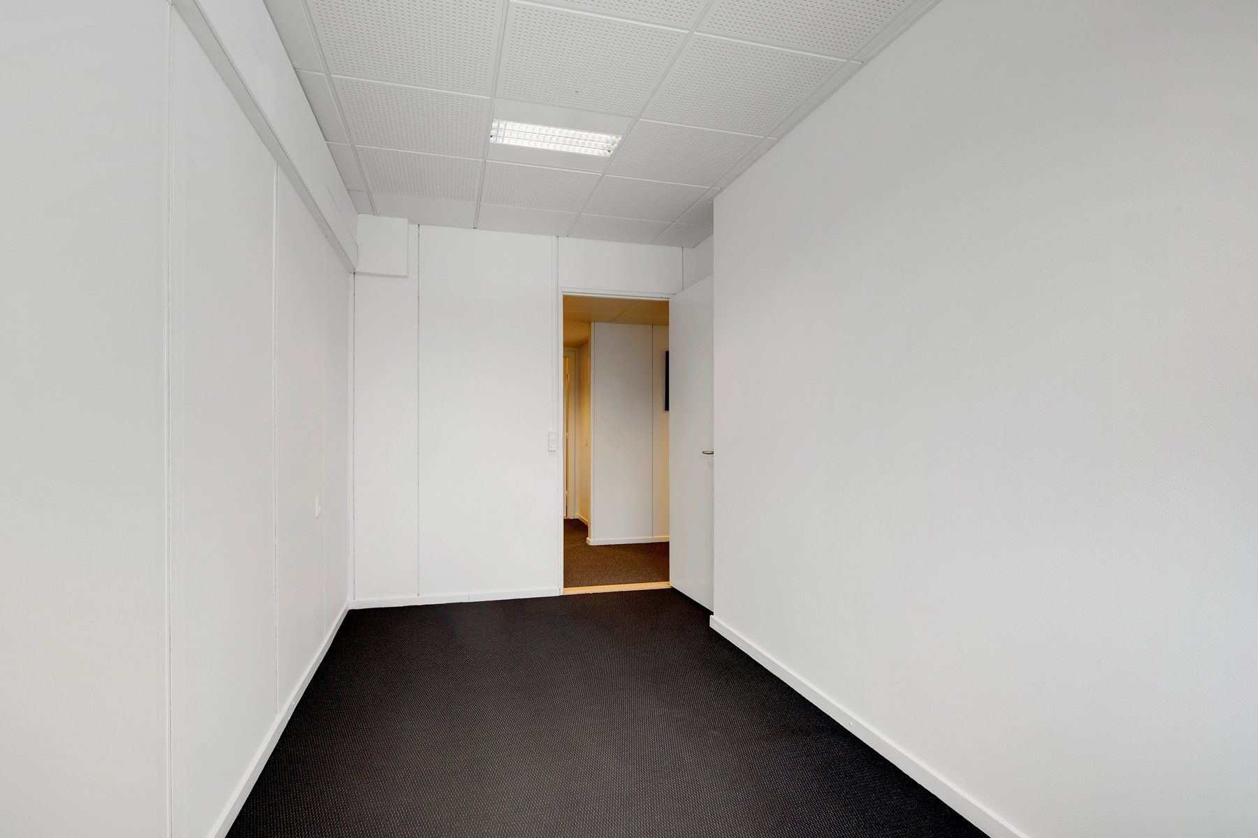 En tom, hvidmalet gang med en tæppegulv og åbne døre, der fører til andre værelser