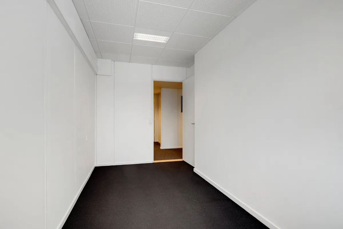 En tom, hvidmalet gang med en tæppegulv og åbne døre, der fører til andre værelser