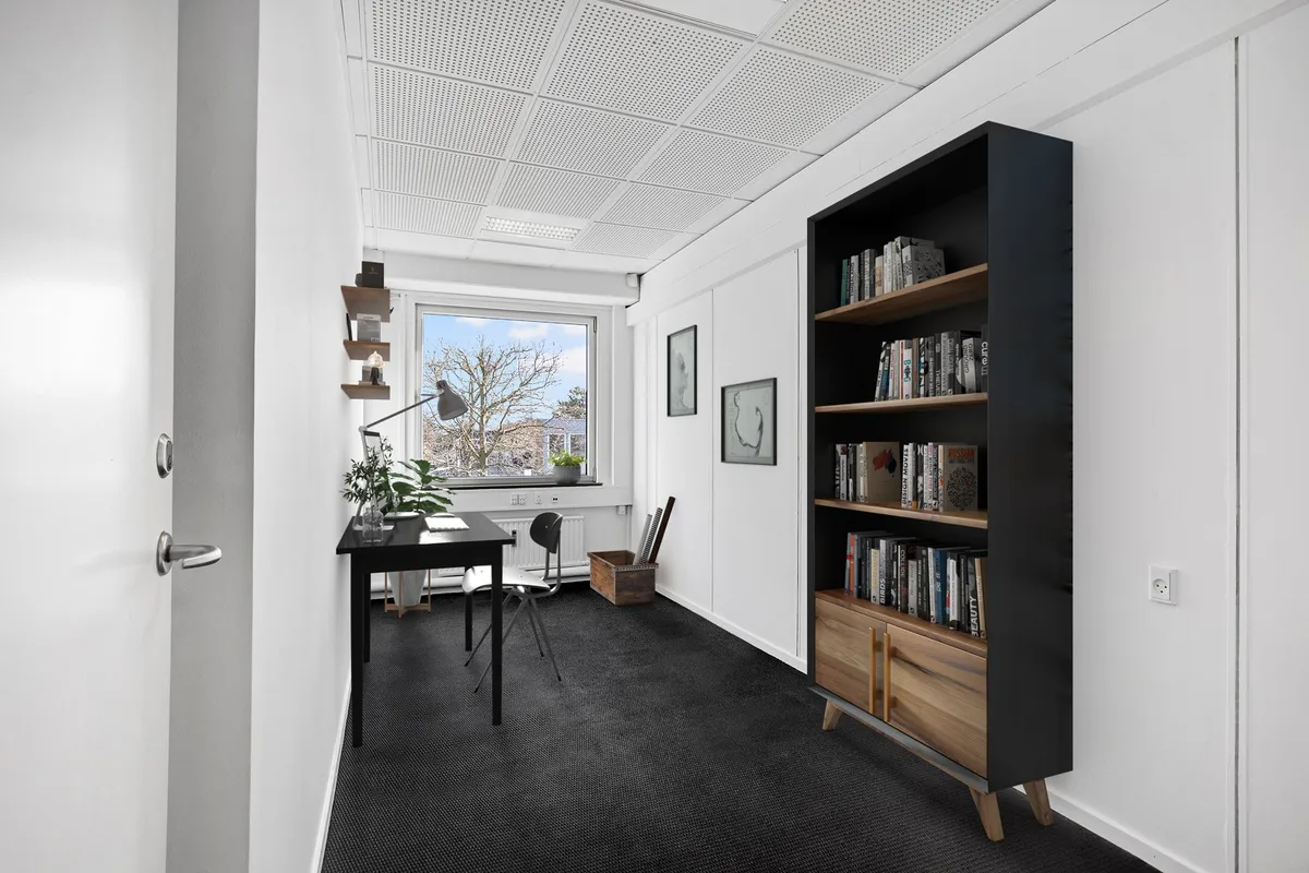 Kontor med sort bord og lampe, to stole, høj boghylde med bøger, vindue og plante. Et hjørne af et kontorfællesskab med