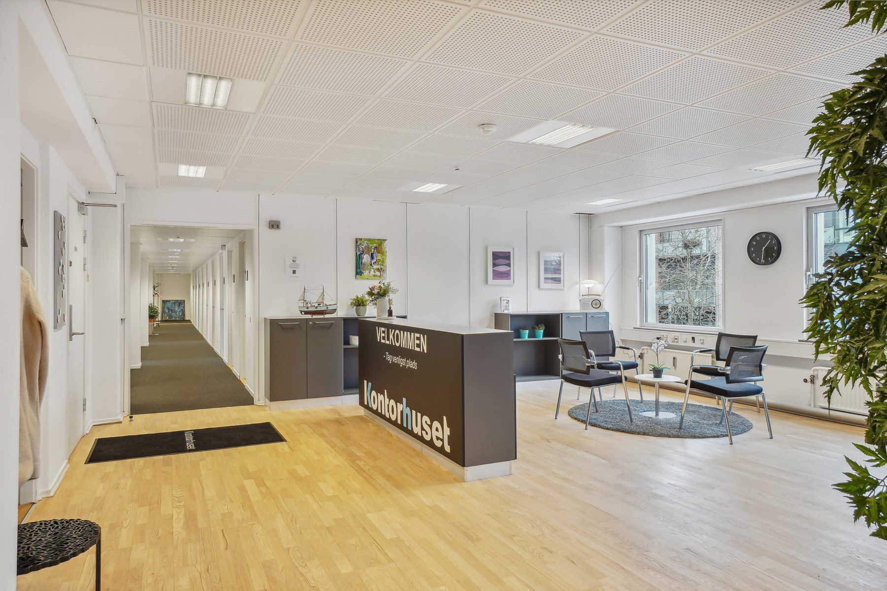Kontorhuset er nytindrettet med møbler og udsmykning. Værelset er møbleret med en bord og stole og en plante. Der er et