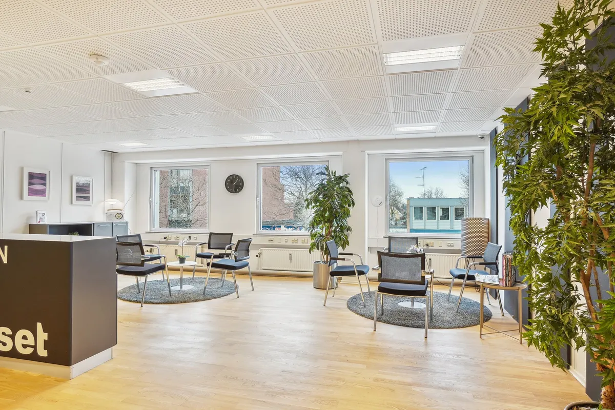 Kontor med moderne møbler og lyse vinduer, plante i hjørnet, og et bord med papirmappe