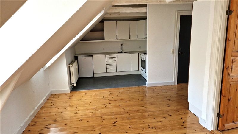 Lille lejlighed med højloft, høj kvalitet, masser af lys og trægulv. Hvidt køkken med højloft, loftsrum, høj kvalitet og