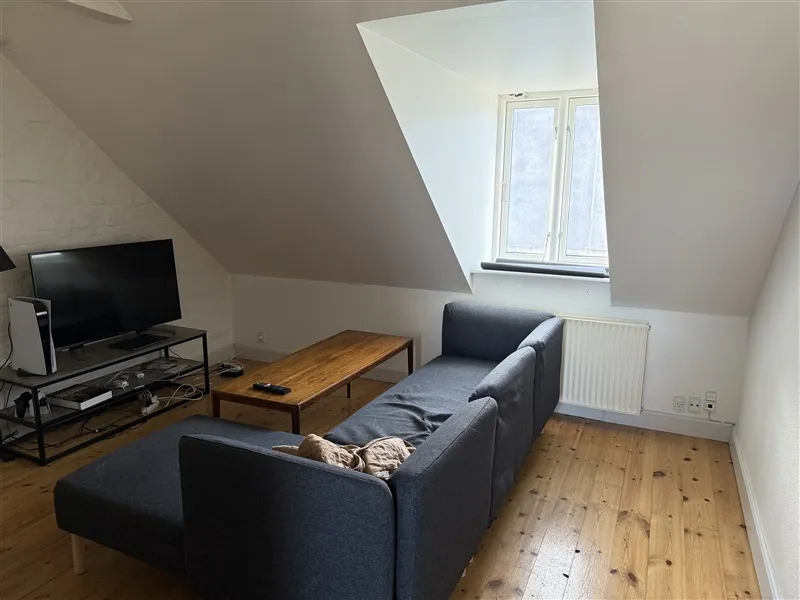 På værelse med trægulv og hvid væg er der en sofa med træbord og tv-enhed samt en radiator