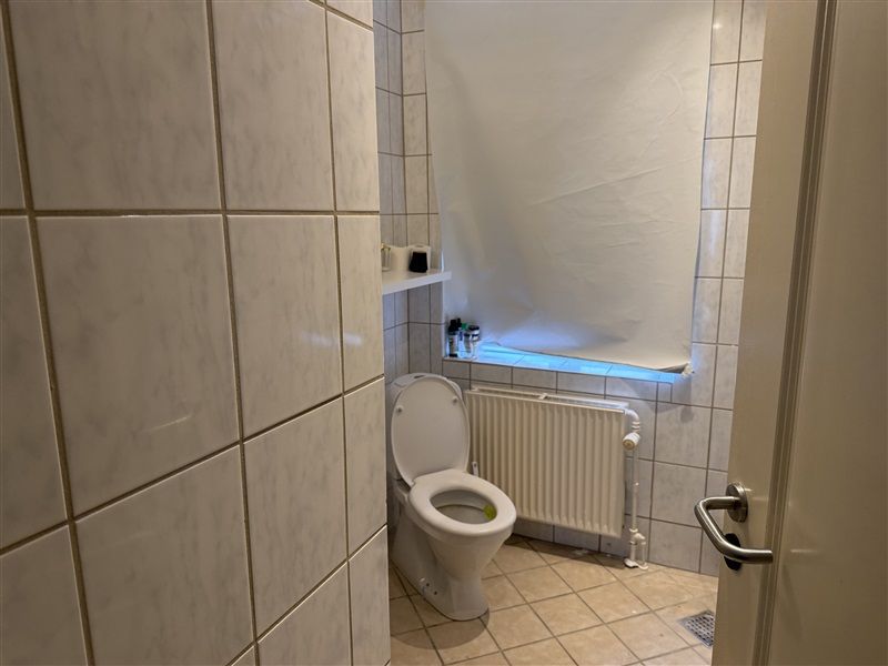 Et lille badeværelse med hvide fliser og en hvid toilet med låg op. Ovenfor toilettet er et radiator, og på højre side er et