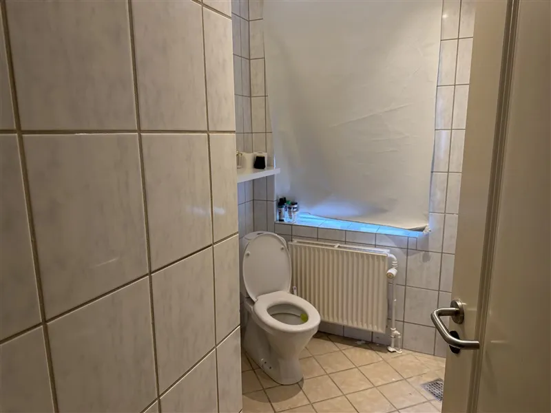 Et lille badeværelse med hvide fliser og en hvid toilet med låg op. Ovenfor toilettet er et radiator, og på højre side er et