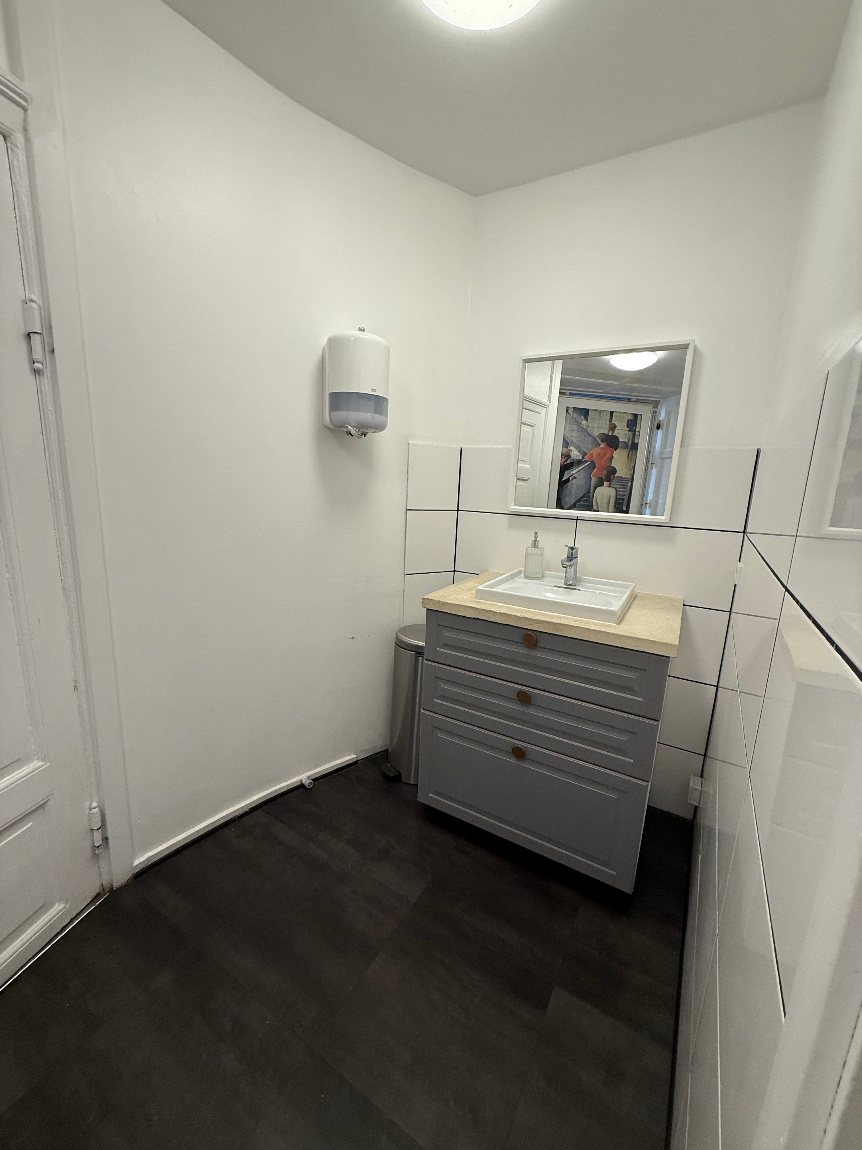 Lejlighed med toilet og spejl i hvidt og gråt. Toilet med vask og håndsæbe. Spejl med stribede vægge. Toiletpapirautomat ved