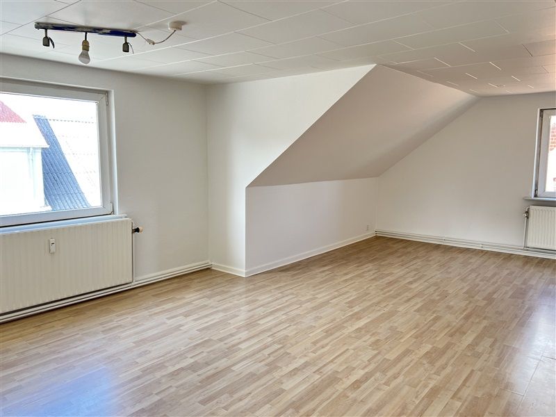 En tom lejlighed med hvide vægge, loft og gulv samt to vinduer og radiatorer