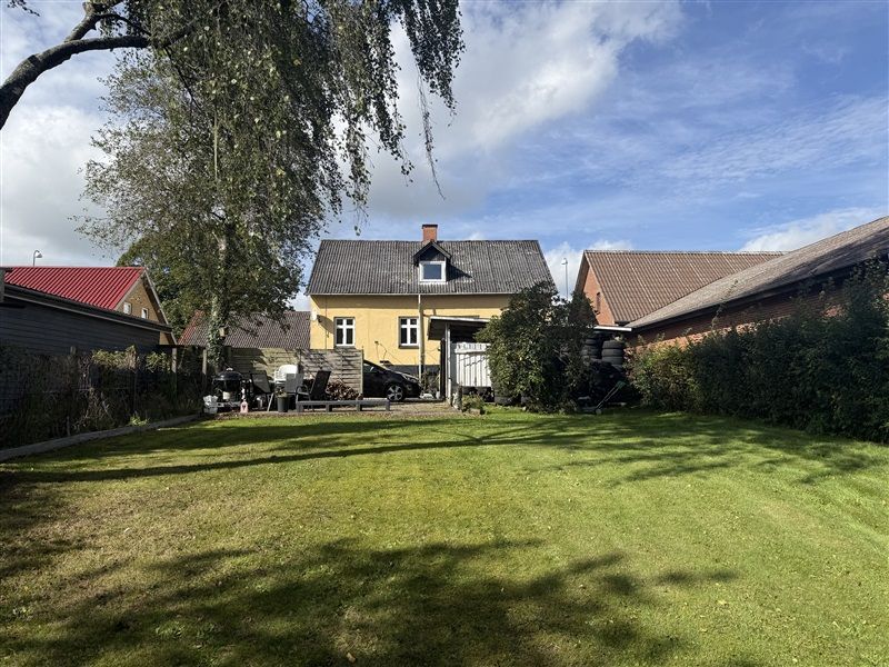 Landskabspleje og græspleje med højt træ og grøn plæne foran gult hus med råd og garage