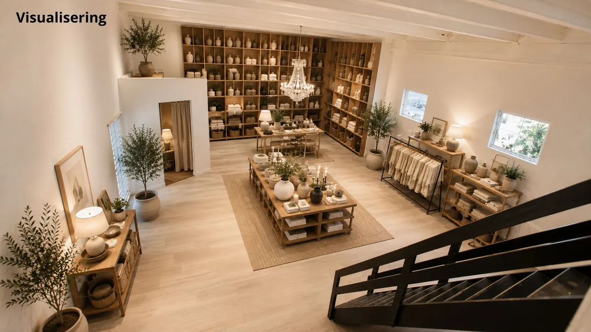 Historisk butik med lyse loftsbjælke, store vinduer, lysekroner og smukke møbler med lyse farver