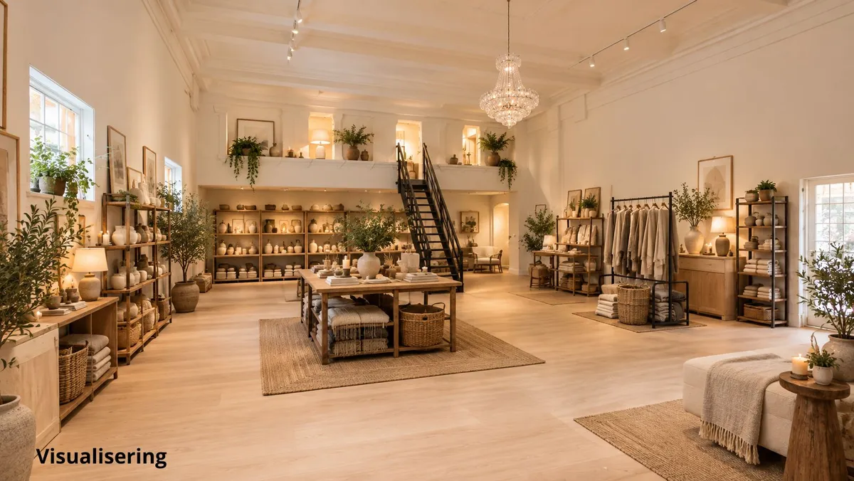 Her er en hyggelig og historisk butik med trægulve, lyse vinduer, hyggeligt træmøbel og lysekroner. På hylderne er der håndlavede varer og lyse buket planter.