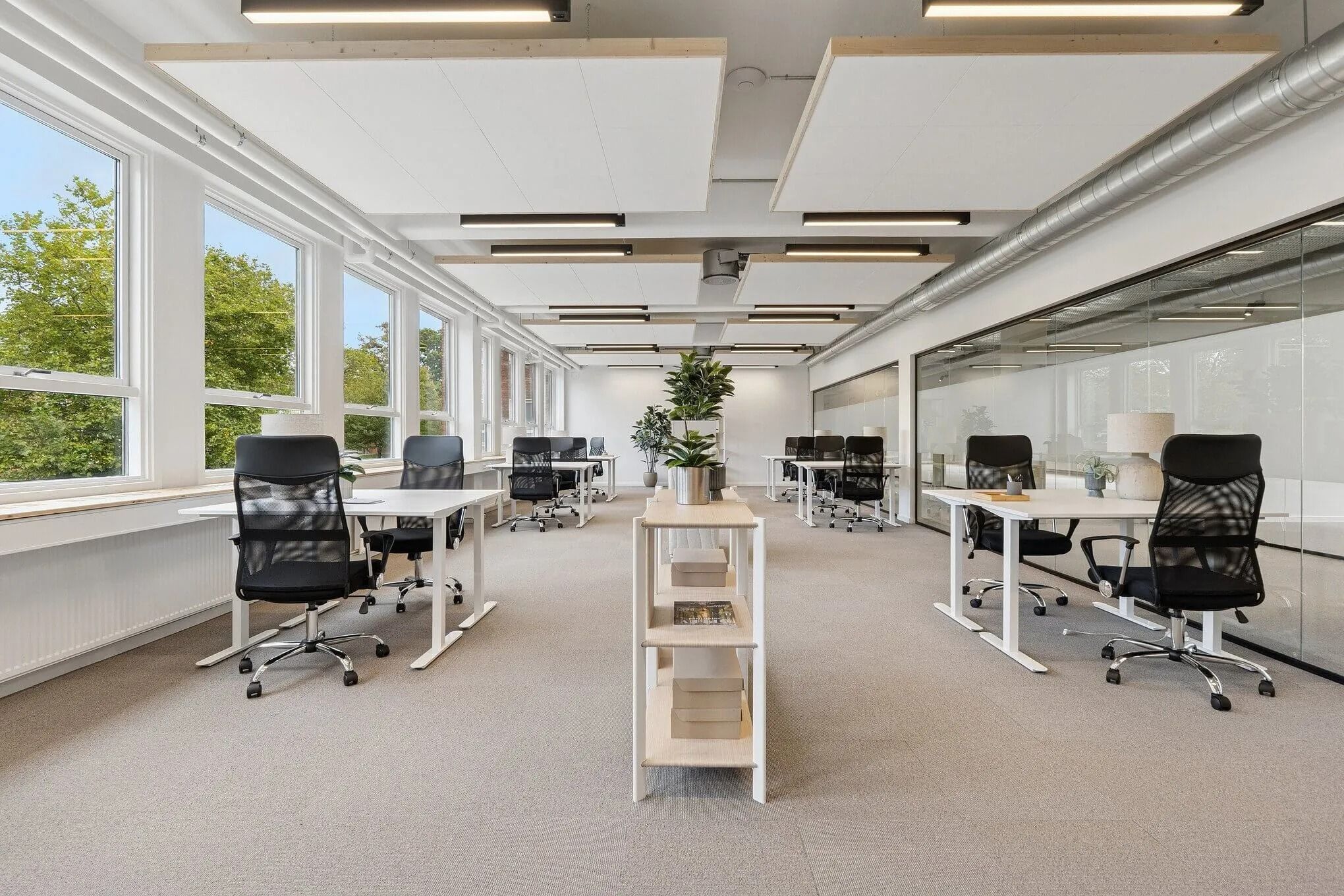 Moderne kontor med lyse vindu, hvide skriveborde, stol med sædepuder og lyse gulvbelægning samt en plante på hvert bord