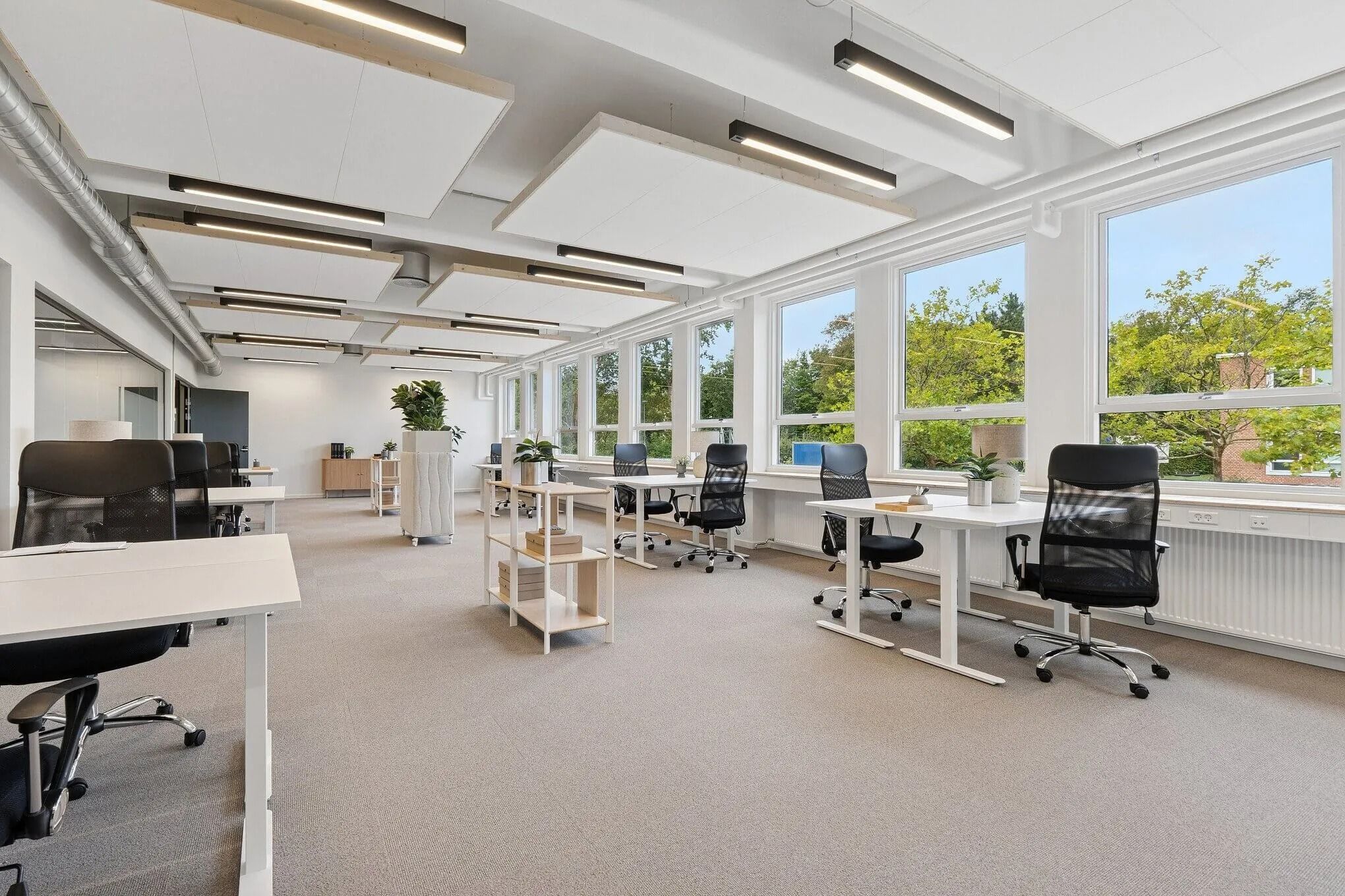 Kontorlokaler med højt til loftet og store vinduer uden for, hvor plantepoter og moderne møbler giver et velkomnende