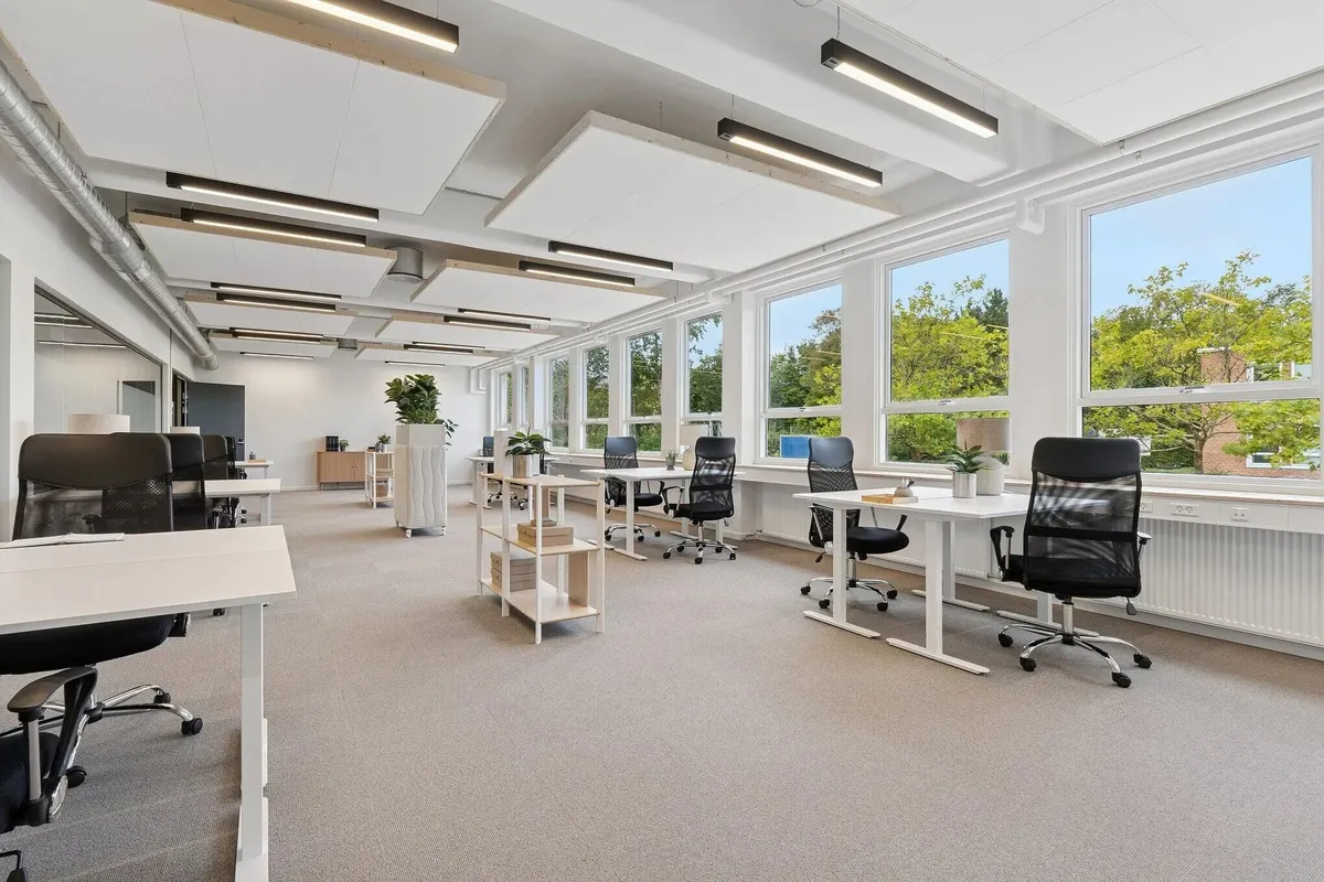 Kontorlokaler med højt til loftet og store vinduer uden for, hvor plantepoter og moderne møbler giver et velkomnende