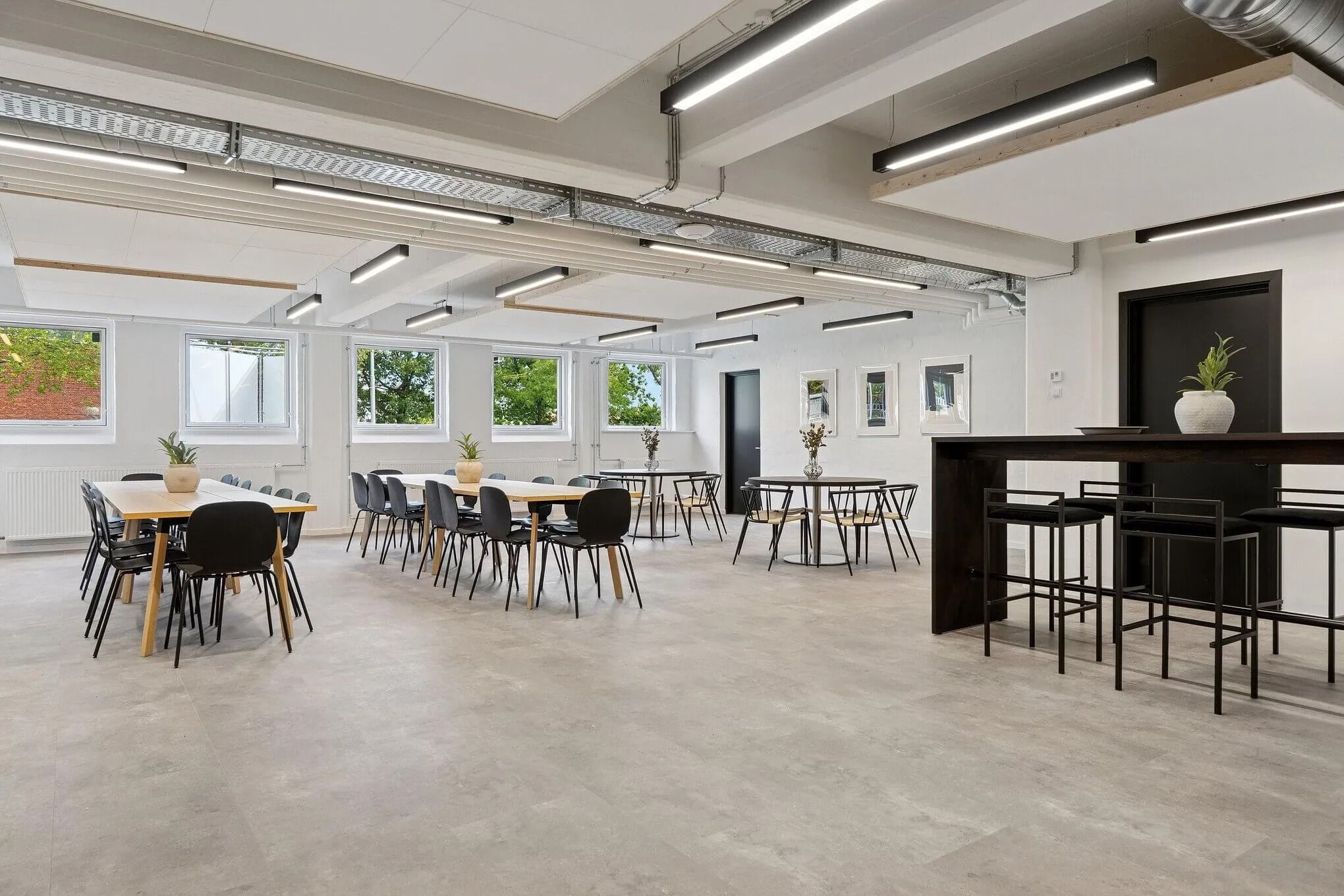 Mødelokaler med lyse lofter, gulve, stole, borde og plantepotter i et moderne kontorområde