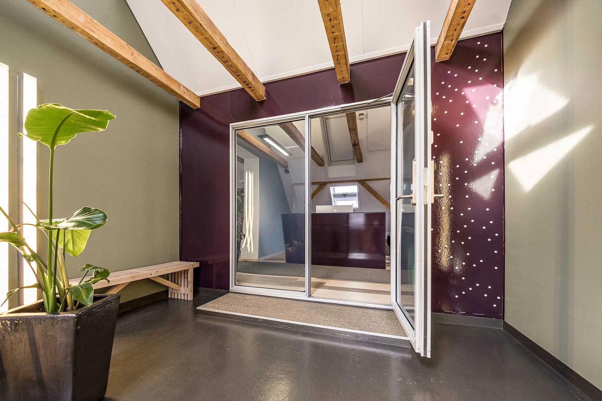 Indtrædszone til moderne kontorejendom med åben dør, beklædt med lysegrå og mørkebrune vægge, indret med møbler og plante i